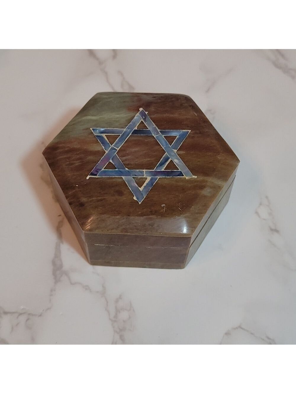 Vintage Star of David Mother of Pearl inlay Soapstone trinket box